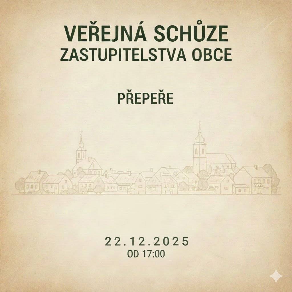 Poslední veřejná schůze zastupitelstva v tomto roce a jelikož je poslední, tak se můžete těšit i na menší občerstvení. Zastupitelstvo obce Přepeře