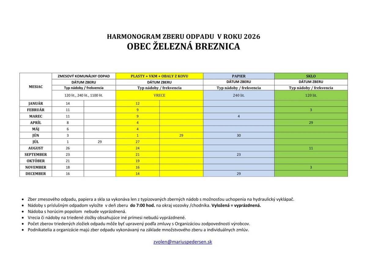 Harmonogram zberu odpadov na rok 2026