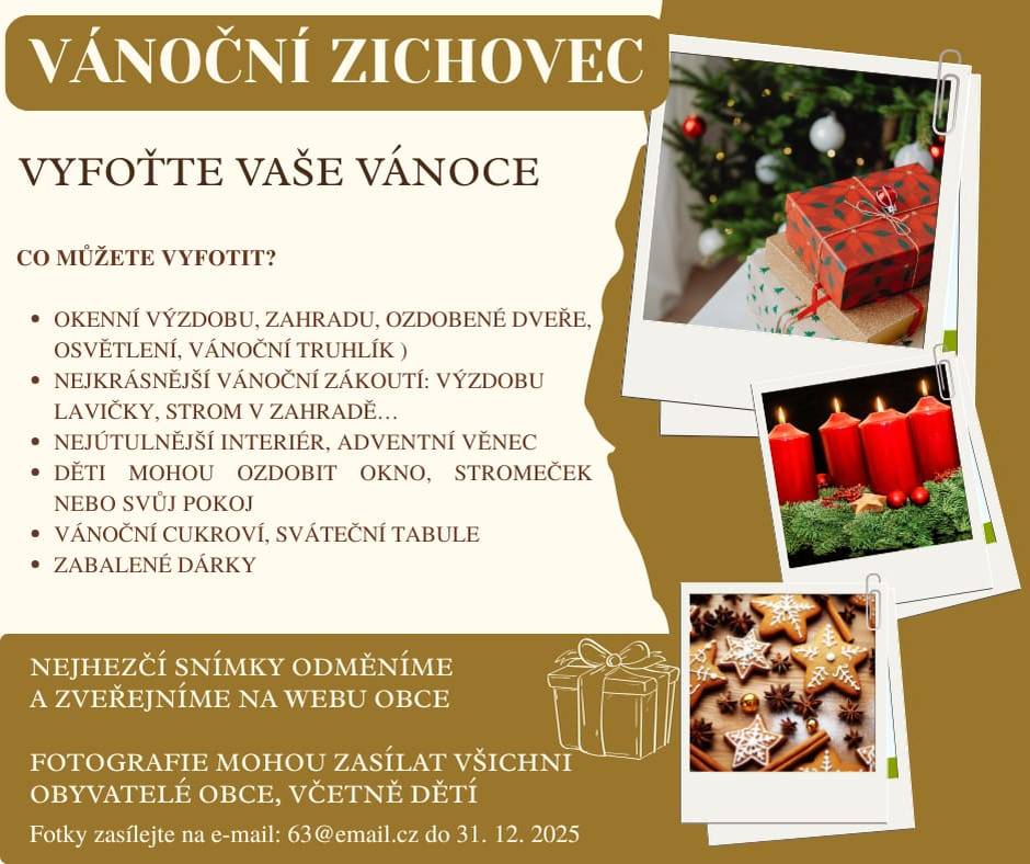 Obec Zichovec vyhlašuje vánoční fotografickou výzvu pro všechny obyvatele.