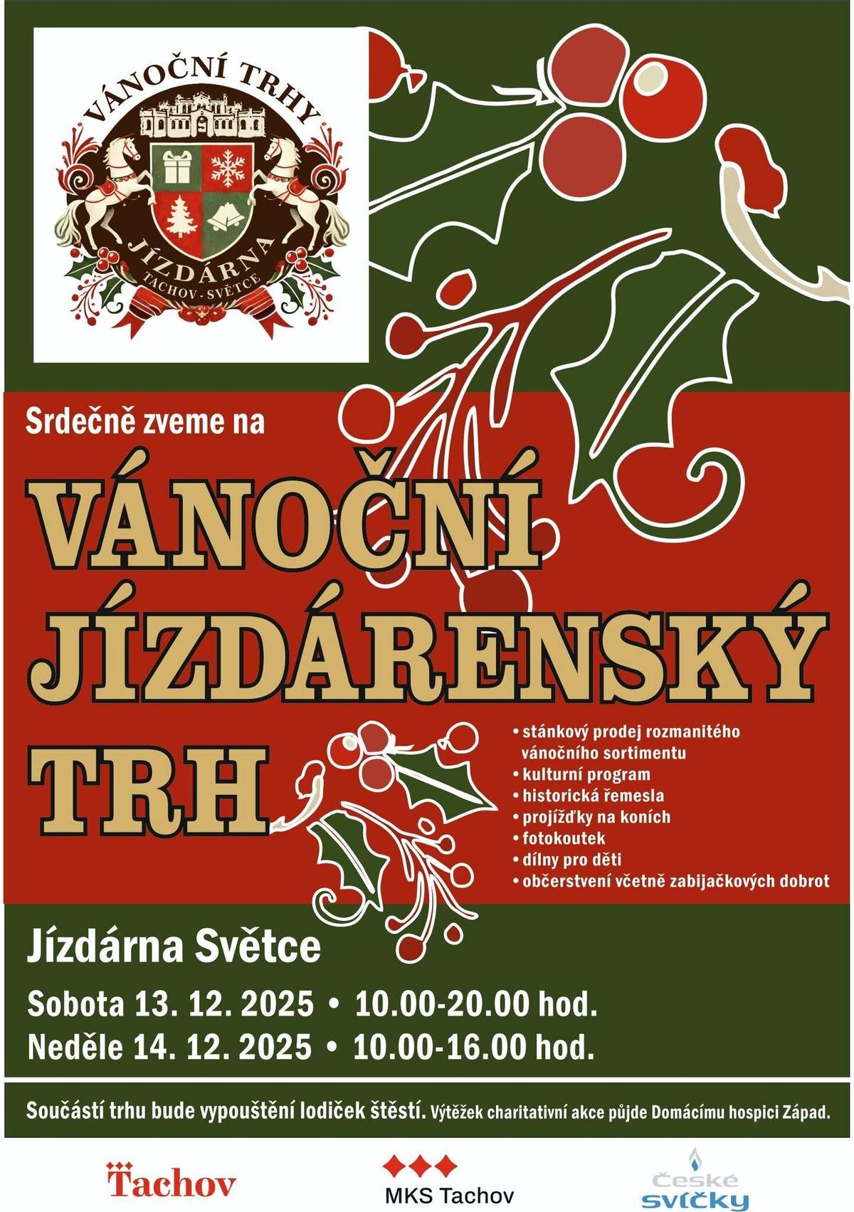 Zveme vás do národní kulturní památky Jízdárny ve Světcích na 2. ročník Vánočního jízdárenského trhu, který se bude konat o tomto víkendu 13. - 14. prosince 2025. Těšit se můžete na stánky s vánočním zbožím, ukázku historických řemesel i bohatý kulturní program plný hudby a divadla.