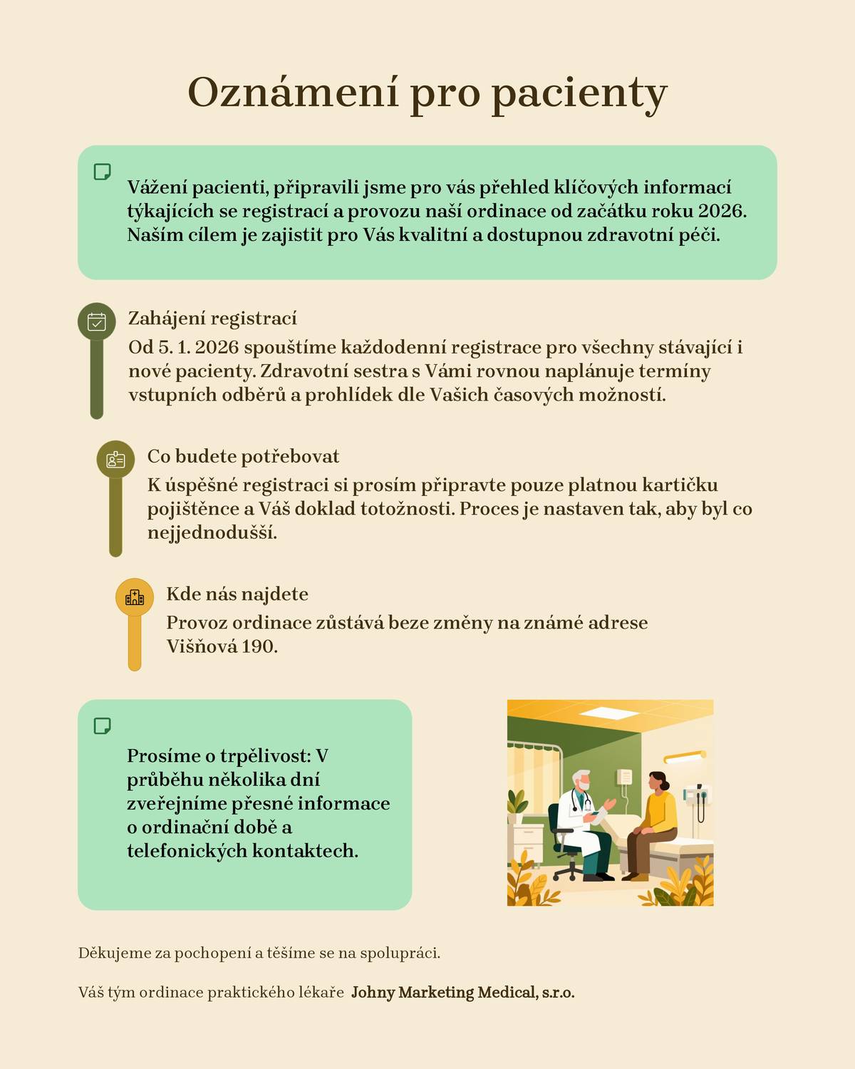 Od 5. 1. 2026 spouští ordinace praktického lékaře - Johny Marketing Medical, s.r.o. - každodenní registrace pro všechny stávající i nové pacienty. Provoz ordinace zůstává beze změny na známé adrese Višňová 190.