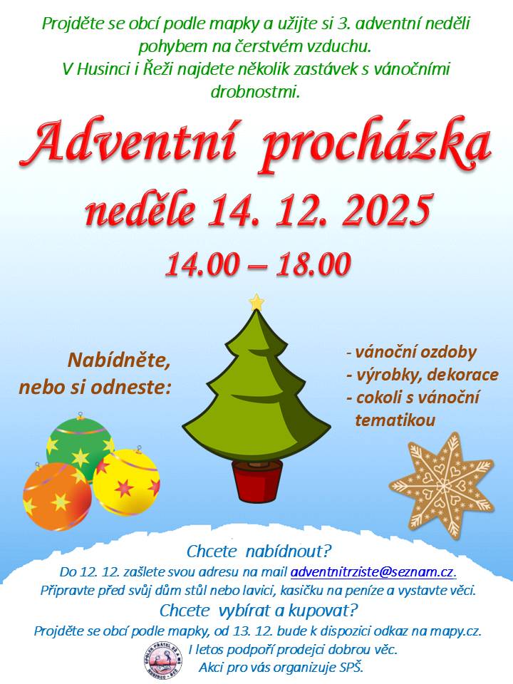 Zveme vás na adventní procházku která se již tradičně bude konat dne 14.12.2025 od 14-18h. Více najdete v příloze. tým OÚ