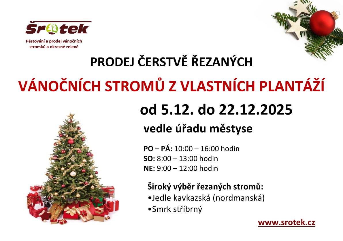 V období od 5. do 22. prosince 2025 si můžete vybrat z širokého výběru čerstvě řezaných vánočních stromů vedle úřadu městyse v Suchdole nad Odrou. V nabídce naleznete jedle kavkazské a smrky stříbrné...