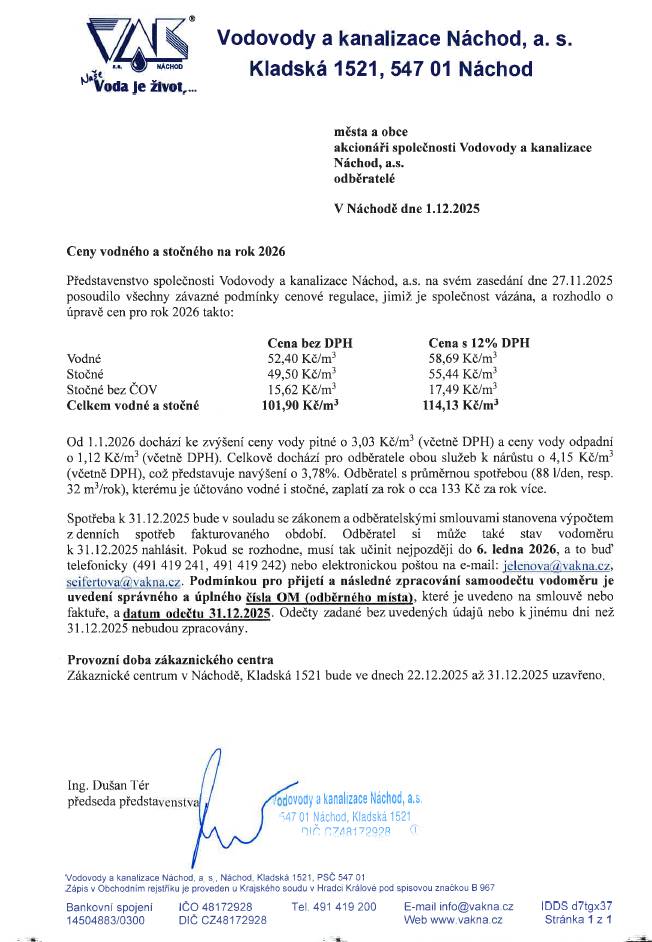 Ceny vodného a stočného na rok 2026- Vodovody a Kanalizace Náchod, a.s.