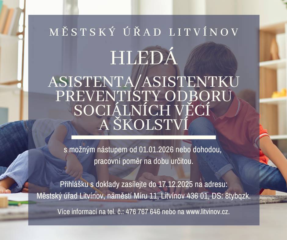 Nabízíme pracovní příležitost na pozici: ➡️asistent/ka preventisty odboru sociálních věcí a školství. Podrobné informace včetně popisu pozice a požadavků na uchazeče najdete na webových stránkách města:👇🏻 https://www.mulitvinov.cz/vismo/zobraz_dok.asp?id_ktg=19814&n=vyberova-rizeni&p1&fbclid=IwY2xjawOjy45leHRuA2FlbQIxMABicmlkETFWWk9qVUV1SWhtUzdsTHdNc3J0YwZhcHBfaWQQMjIyMDM5MTc4ODIwMDg5MgABHjJ6GAP6KmogFeRx8xGhmWYqnfVsja18JCIGnJg-9WhgA_52OVIvNn0arBzR_aem_VrFijFI_lFXZ3kBVihH0vw
