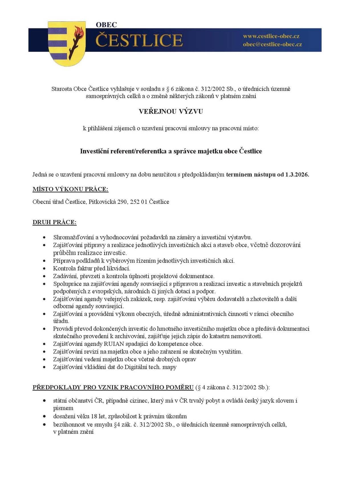 Veřejná výzva - Investiční referent/referentka a správce majetku obce Čestlice