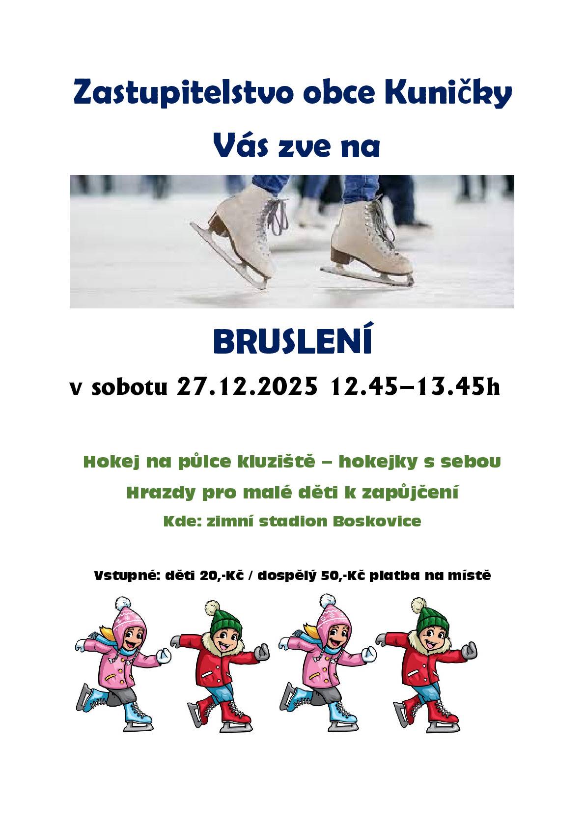 zveme všechny na bruslení, v sobotu 27. 12. od 12.45 - 13.45h zimní stadion Boskovice. Vstupné: děti 20,-Kč, dospělí 50,-Kč platba na místě