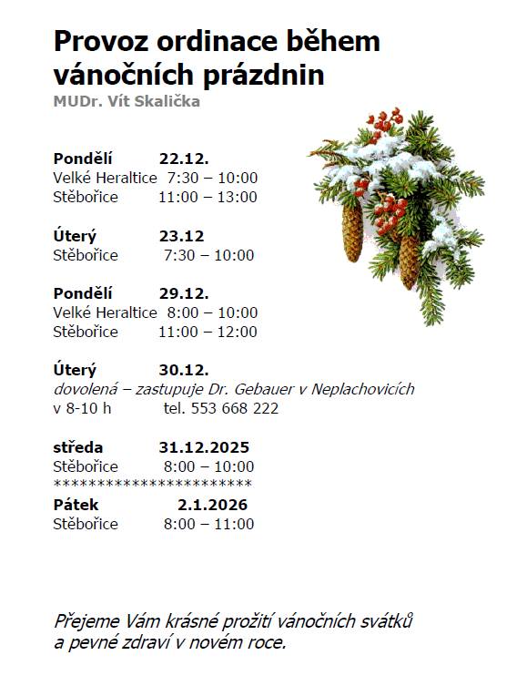Mudr. Skalička ordinační hodiny Vánoce 2025