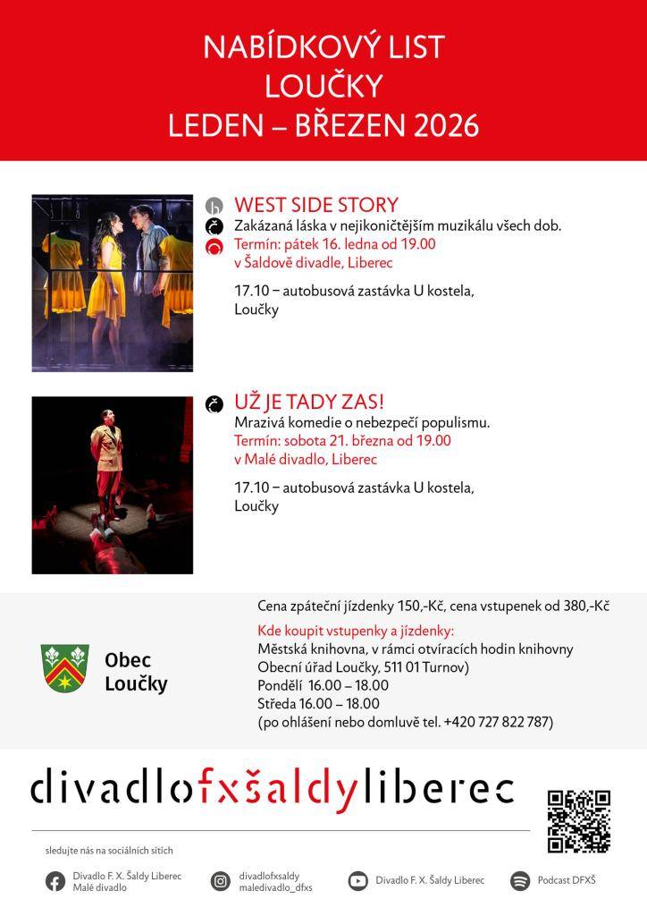 Co takhle vyrazit do divadla? Doprava autobusem z Louček a návrat zase do Louček. Už v lednu? Nebo v březnu?