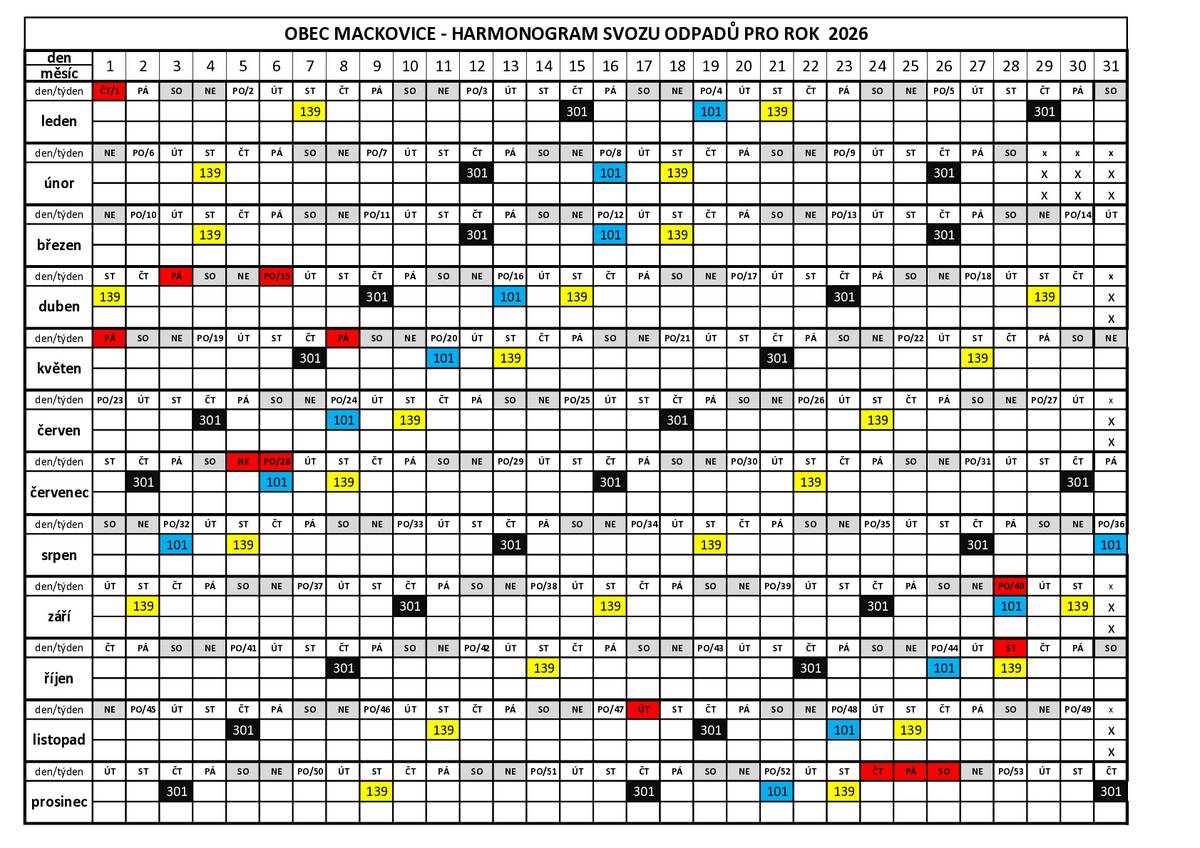 Z důvodu, že svoz komunál. odpadu v obci Macovice podle intervalu vychází na čtvrtek 1.1.2026, je stanoven náhradní termín svozu na úterý 30.12.2025.