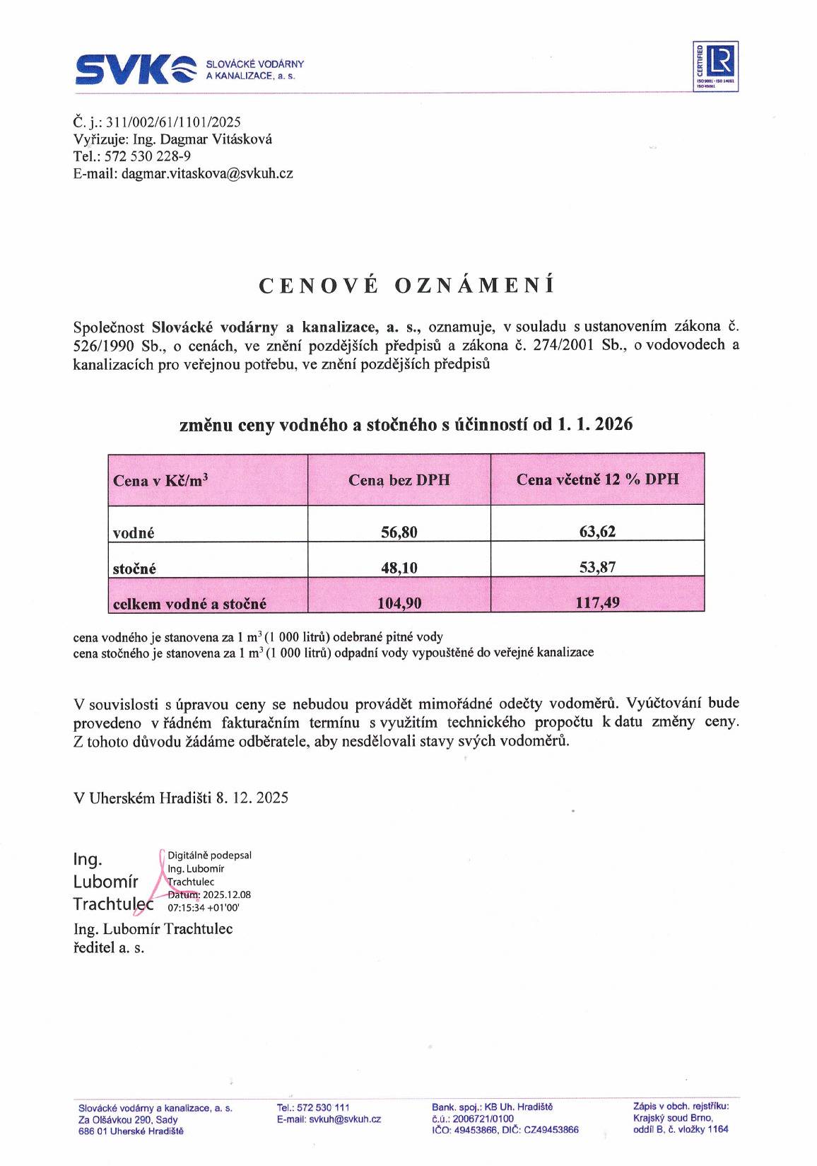 Od 1.1.2026 bude změněna cena vodného a stočného.