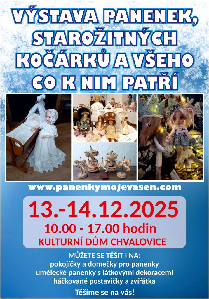 Zveme vás na Vánoční jarmark, který se uskuteční 13. a 14. prosince 2025 v kulturním domě v Chvalovicích. Můžete se těšit na širokou nabídku ručně vyráběných výrobků, včetně pokojíčků a domečků pro panenky, uměleckých panenek s látkovými dekoracemi a háčkovaných postaviček a zvířátek.