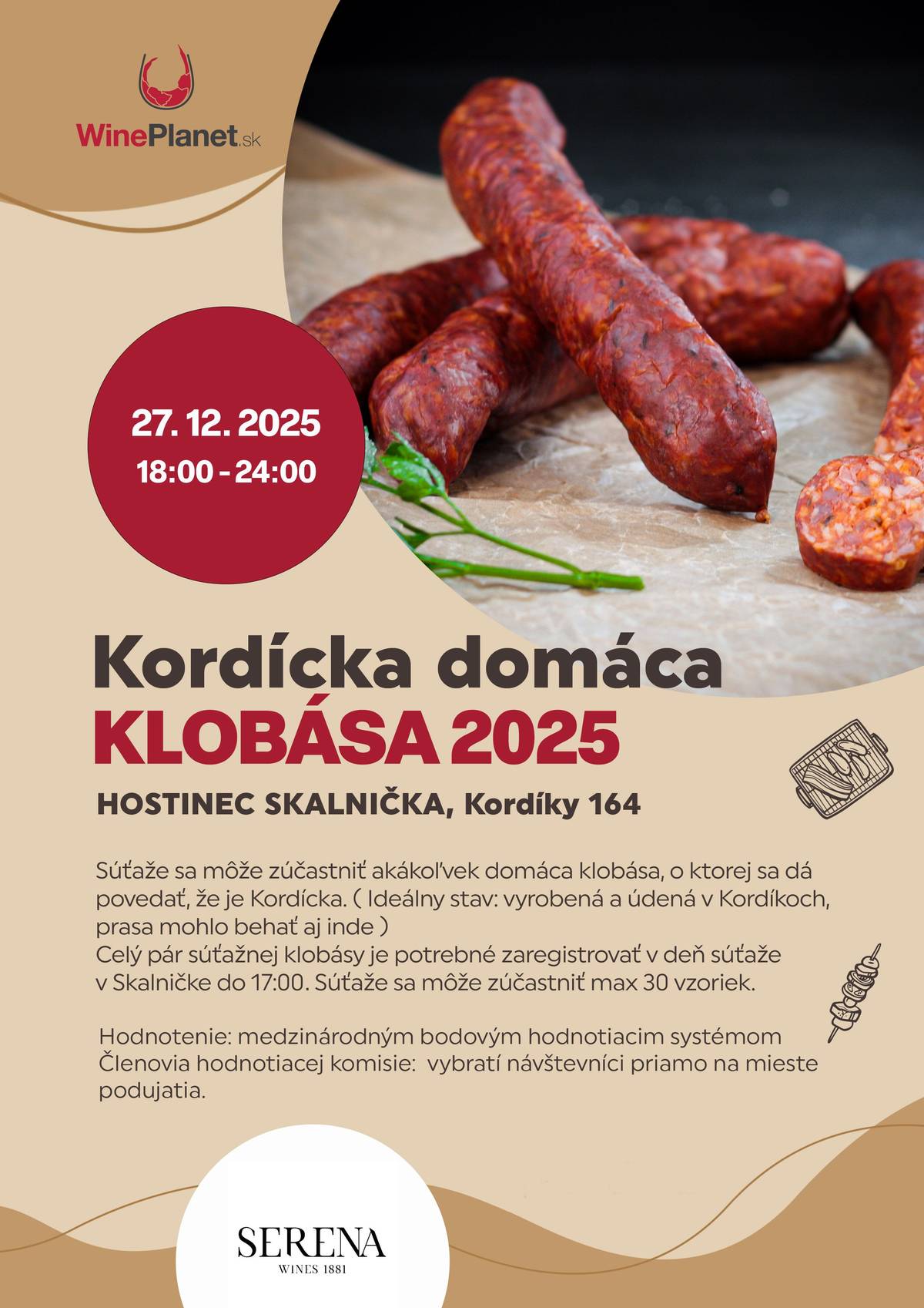 Pohostinstvo Skalnička pozýva na súťaž o najlepšiu domácu kordícku klobásu 27.12.2025 od 18-tej hodiny.
