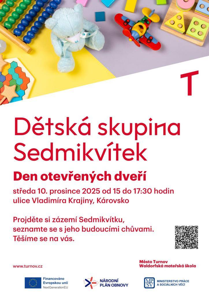 Přijďte se podívat na novou dětskou skupinku ve středu 10. prosince 2025 od 15 do 17:30 hodin do Turnova.