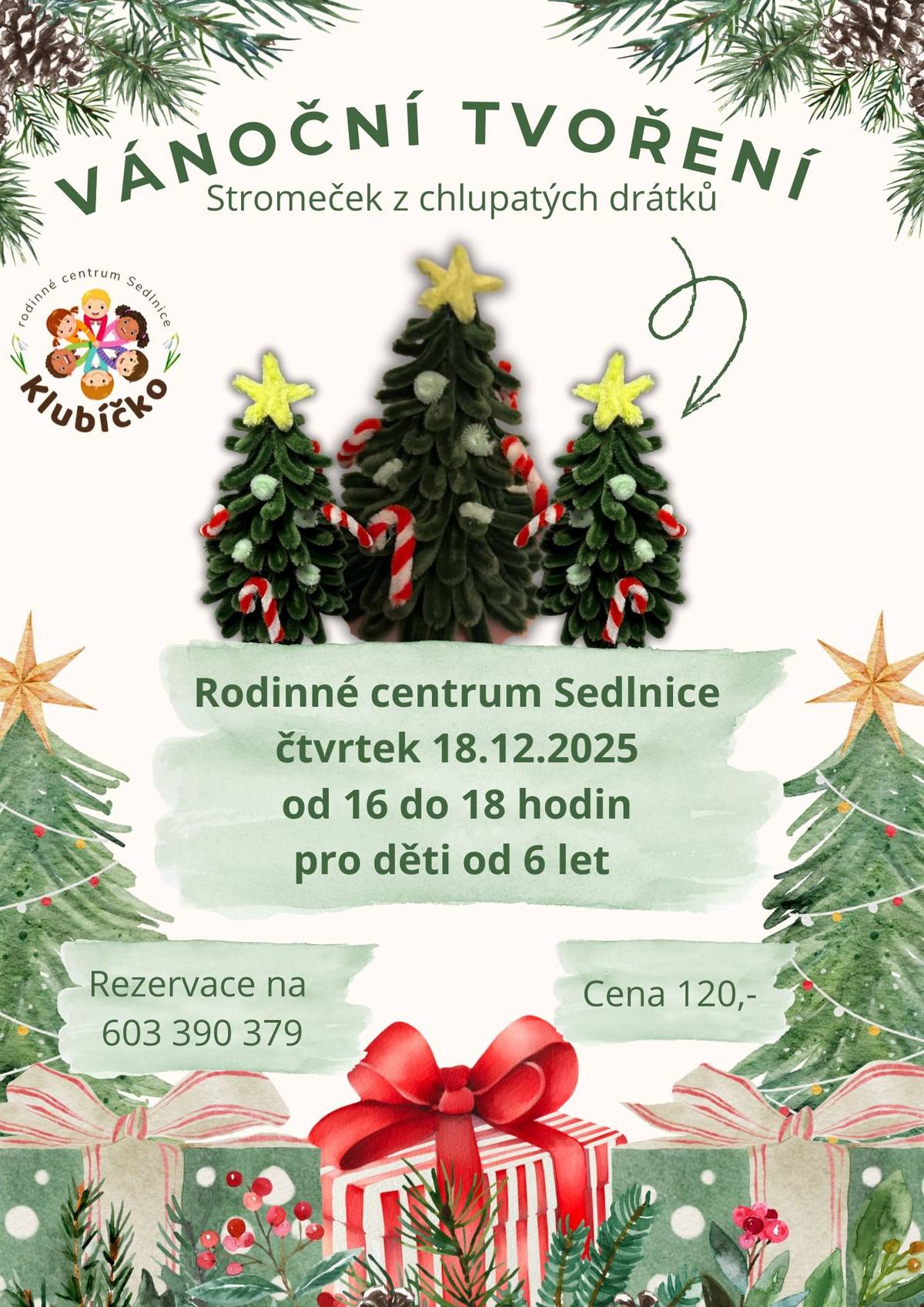 Zveme všechny šikovné děti od 6 let na vánoční tvořivou dílničku, která proběhne ve čtvrtek 18. 12. 2025 od 16:00 do 18:00. Děti si vyrobí vánoční stromeček z chlupatých drátků – každý si vytvoří svůj originální výrobek, který si na závěr odnese domů. Stromeček si také ozdobí miniaturami, korálky, rolničkami a dalšími drobnými dekoracemi podle vlastního přání. Cena: 120 Kč za dítě Těšíme se na společné vánoční tvoření!