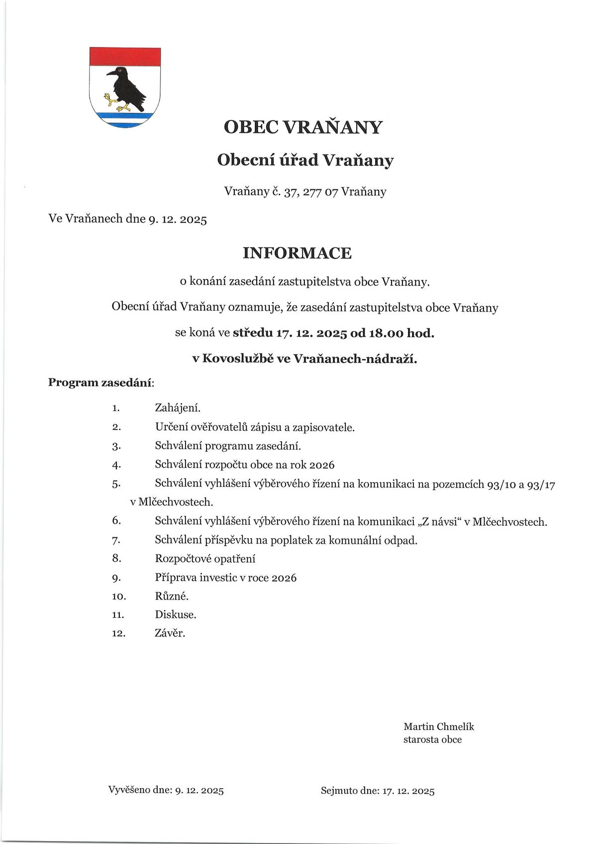 Ve středu 17.12. od 18 hodin v Kovoslužbě.