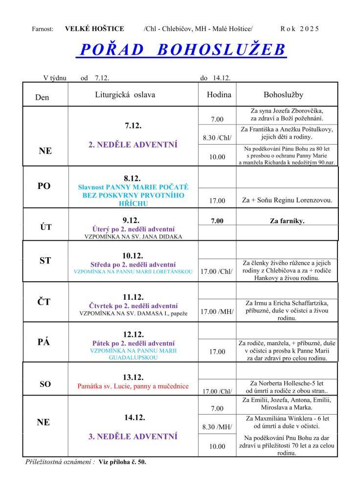 Přehled bohoslužeb Římskokatolické farnosti Velké Hoštice 7. - 14. 12. 2025