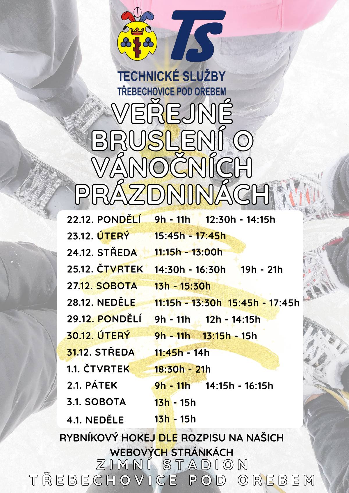 Těšit se můžete na spoustu hodin bruslení. Dopolední, odpolední i večerní.  Přijďte se seznámit, randit, relaxovat, vypnout a vybruslit nějaké to cukroví. Užít si spoustu zábavy a potkat své přátelé. Rybníkový hokej najdete na rozpisu. Samozřejmě je možné, že se něco málo změní, ale aktuálně vše najdete vždy na našich stránkách. Nezapomeňte na bezpečnost.