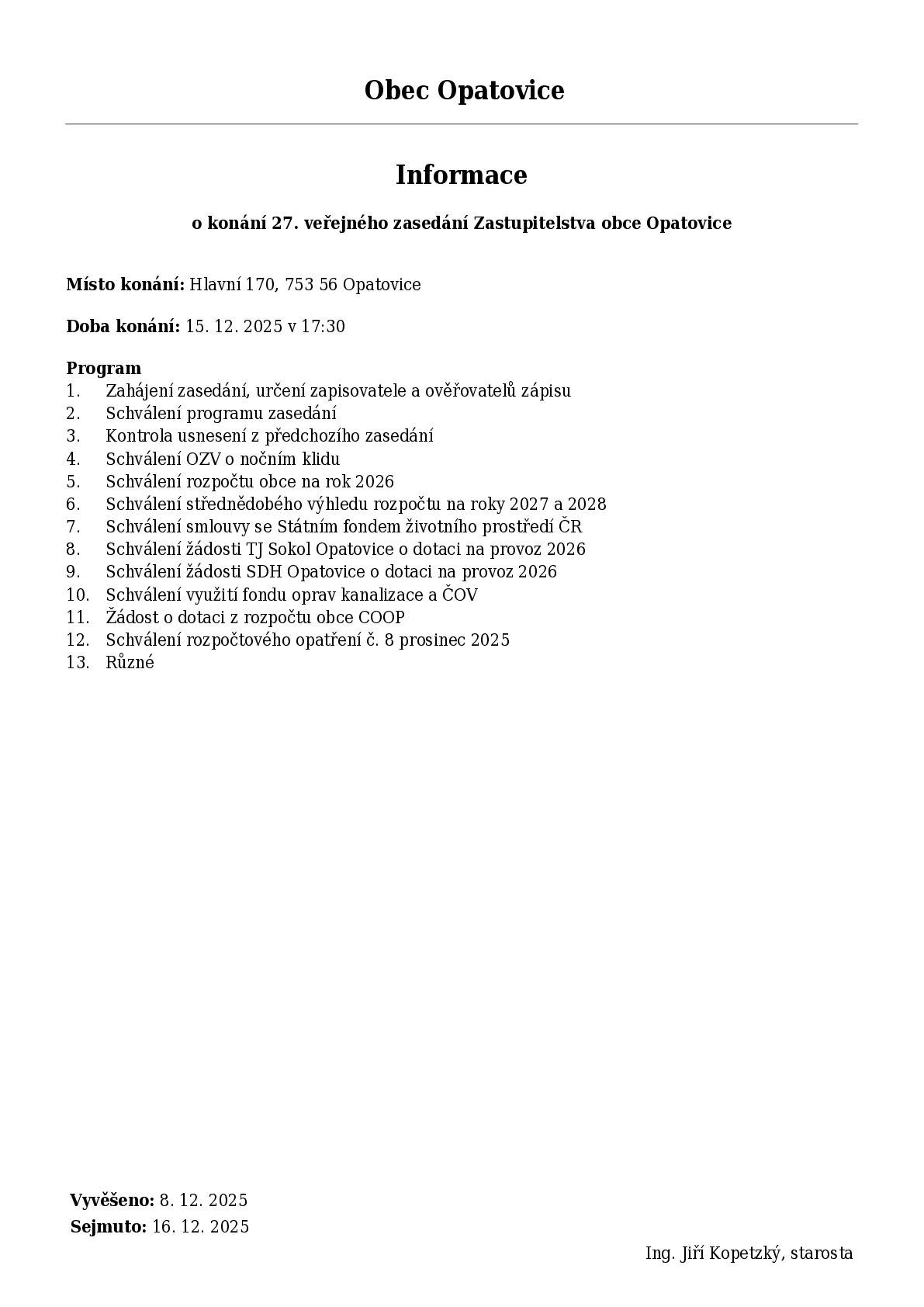 Pozvánka na 27. veřejné zasedání Zastupitelstva obce Opatovice