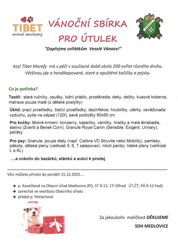 SDH Medlovice - vánoční sbírka pro útulek Tibet