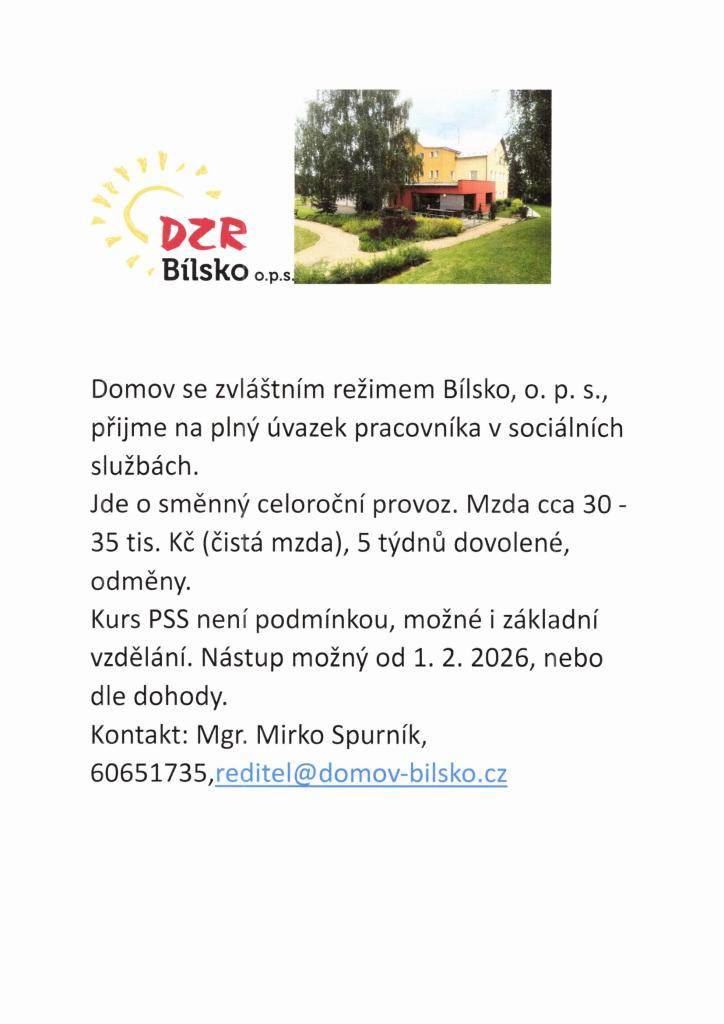 Nabídka zaměstnání Bílsko - Domov se zvláštním režimem