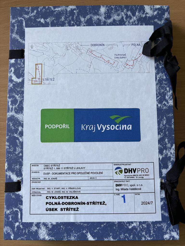 Projektová dokumentace byla podpořena z Kraje Vysočina z programu "Cyklodoprava a Cykloturistika 2023" ve výši 400.000 Kč z celkové částky 561.222 Kč.