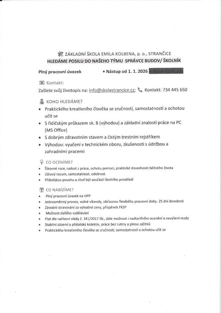 Nabídka pracovního místa - školník