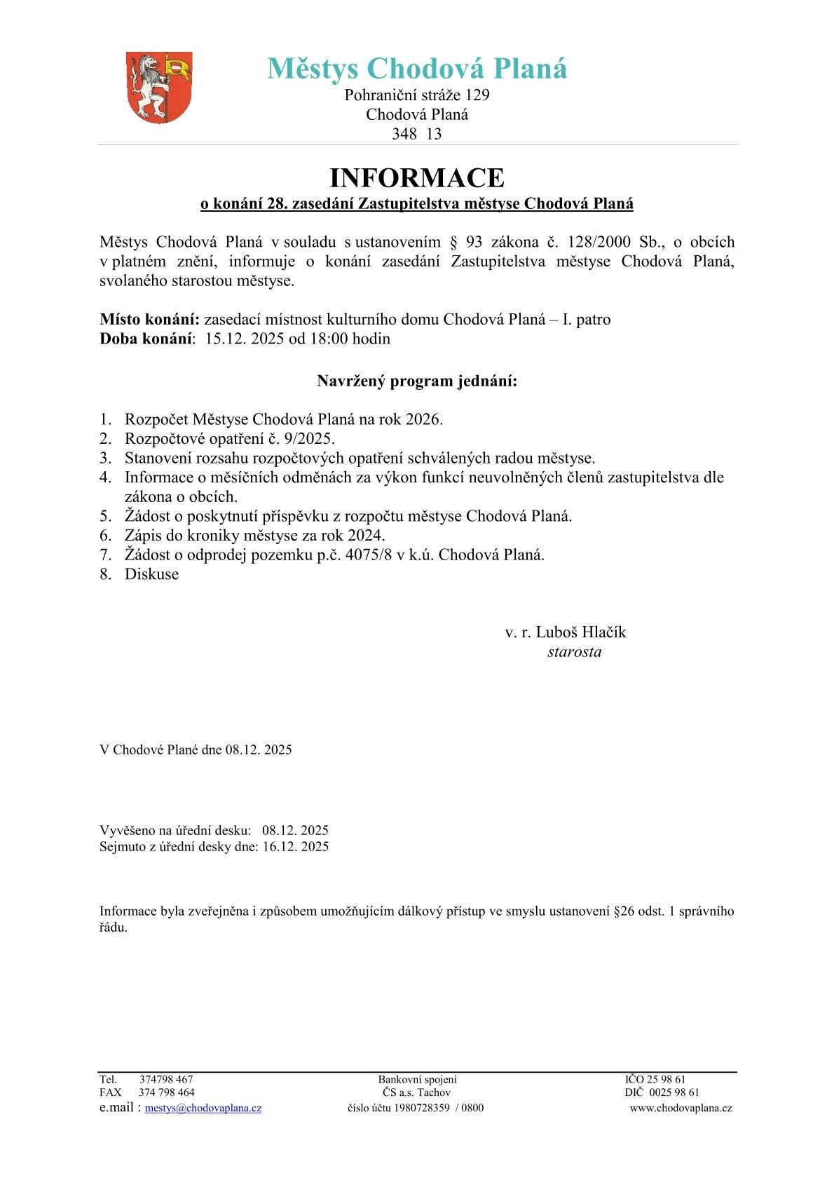 Informace o konání 28. zasedání Zastupitelstva městyse Chodová Planá