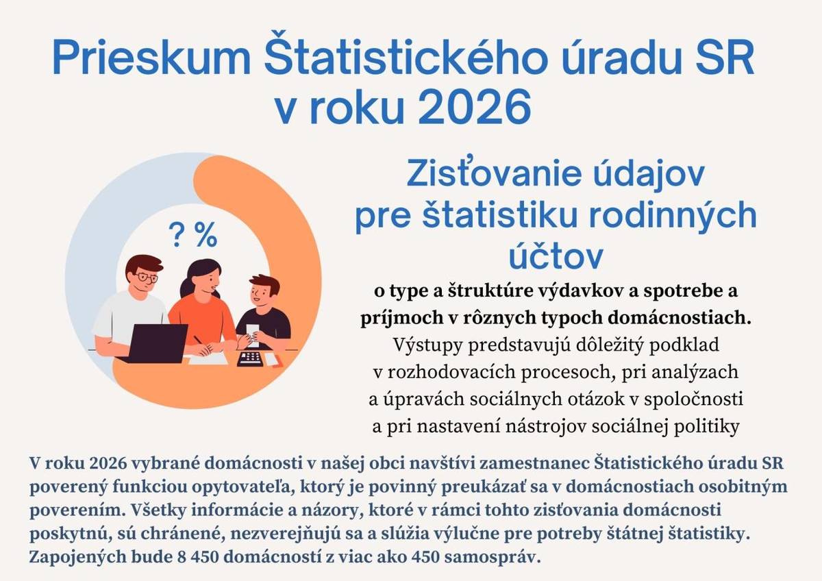 Počas roka 2026 bude oslovených 8 450 domácností z viac ako 450 samospráv na území SR s cieľom zistenia informácií o type, štruktúre výdavkov, spotreby a príjmoch v rodinných rozpočtoch za účelom úpravy sociálnej politiky v spoločnosti.