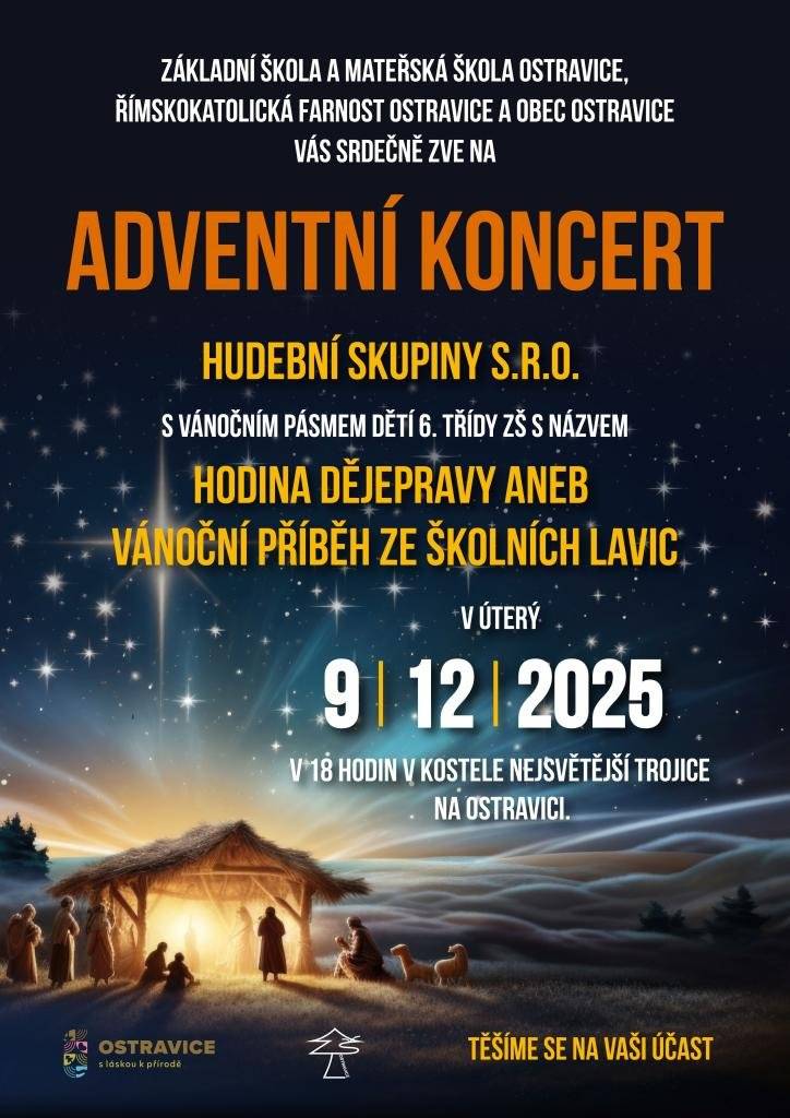 Vážení občané, obec Ostravice Vás zve na adventní koncert v úterý 9.12. v 18 h v Římskokatolickém kostele.Těšíme se na Vás!