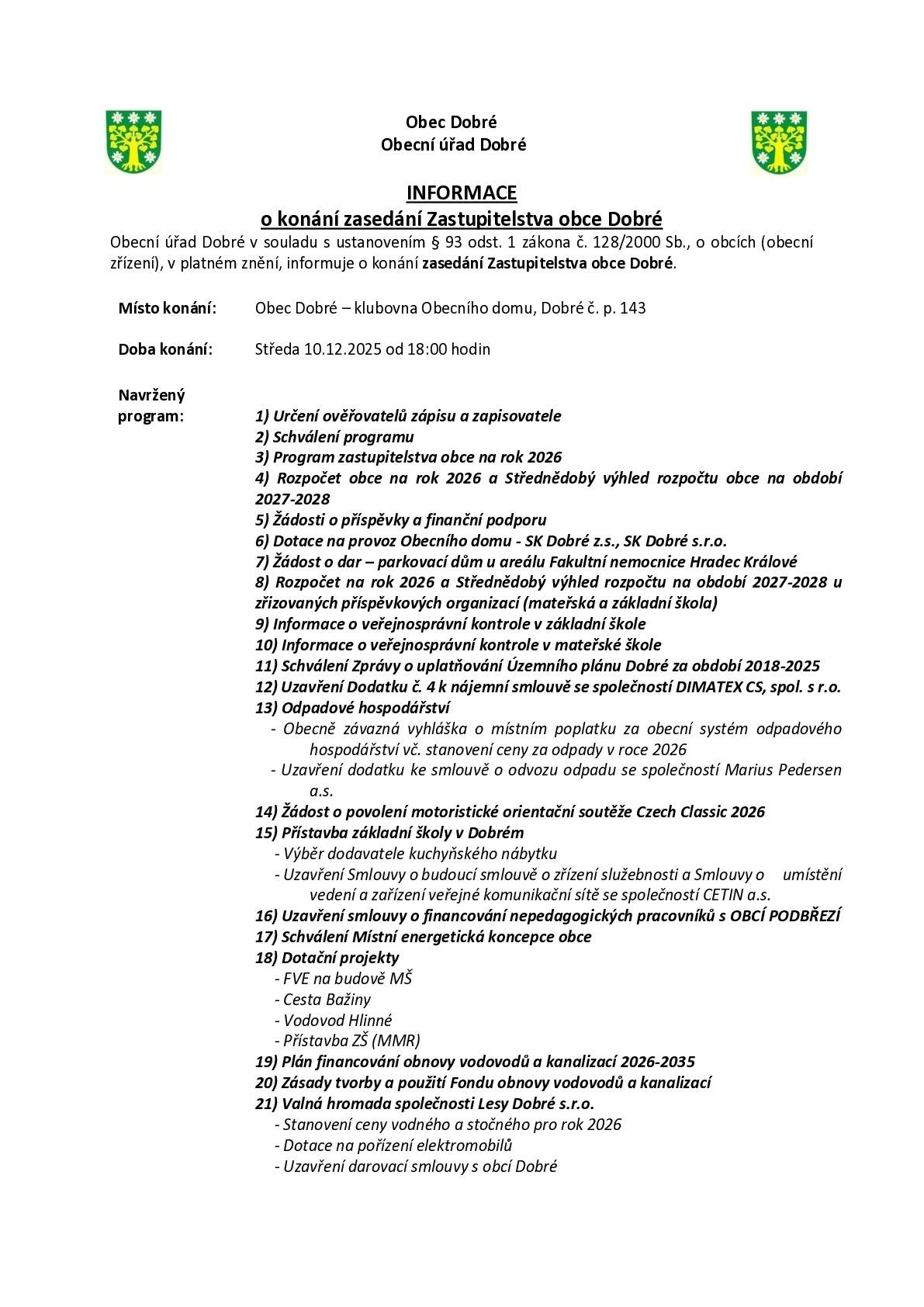 od 18:00 v Obecním domě v Dobrém