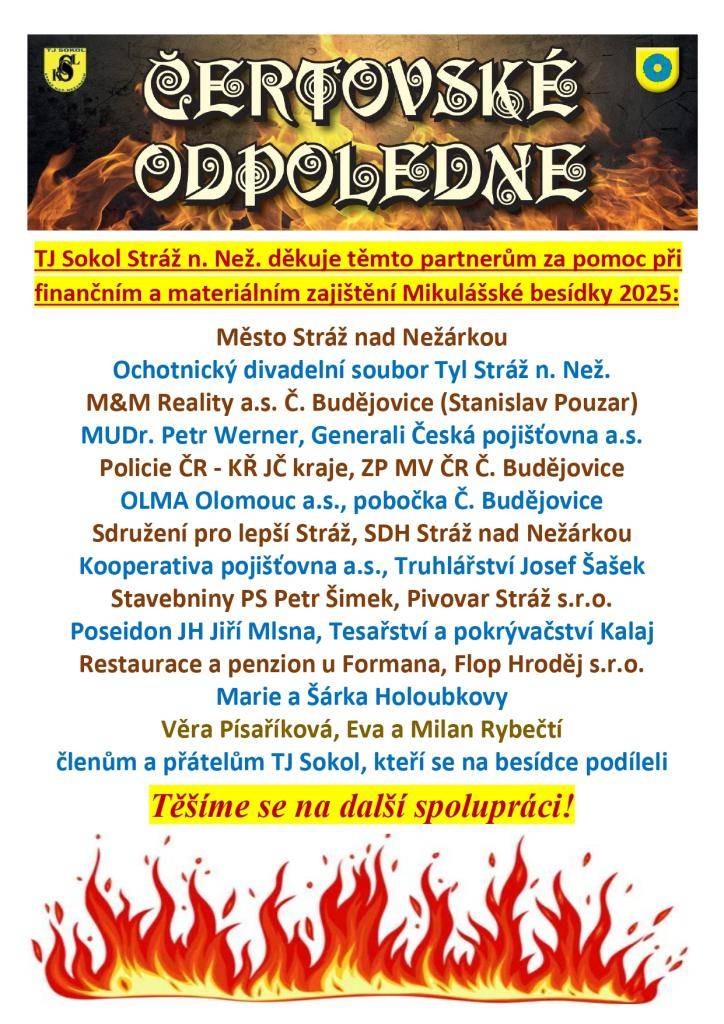 TJ Sokol Stráž nad Nežárkou děkuje uvedeným partnerům za pomoc při finančním a materiálním zajištění Mikulášské besídky 2025.