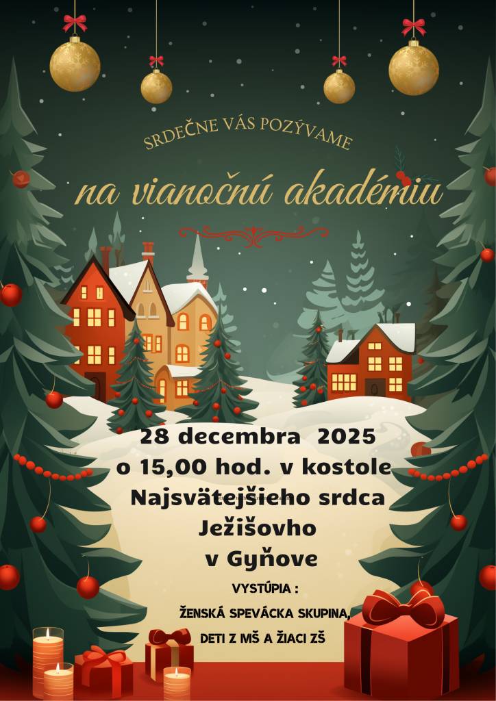 Srdečne Vás pozývame na Vianočnú akadémiu, dňa 28.12.2025 o 15:00 hod. v kostole.    Bližšie informácie v prílohe.
