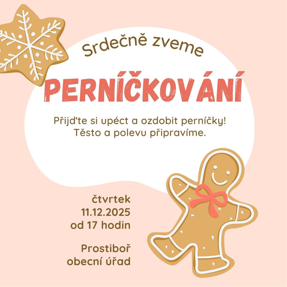 Zveme všechny malé i velké milovníky adventní pohody na společné pečení a zdobení perníčků! Nemusíte si nic nosit – těsto i polevu připravíme, stačí dorazit s dobrou náladou a chutí tvořit.   Přijďte si užít příjemný předvánoční podvečer, zahřát se vůní koření a odnést si domů vlastnoručně ozdobené perníčky, které potěší vaše blízké (nebo rovnou vás!).   Těšíme se na společné tvoření i vánoční atmosféru!