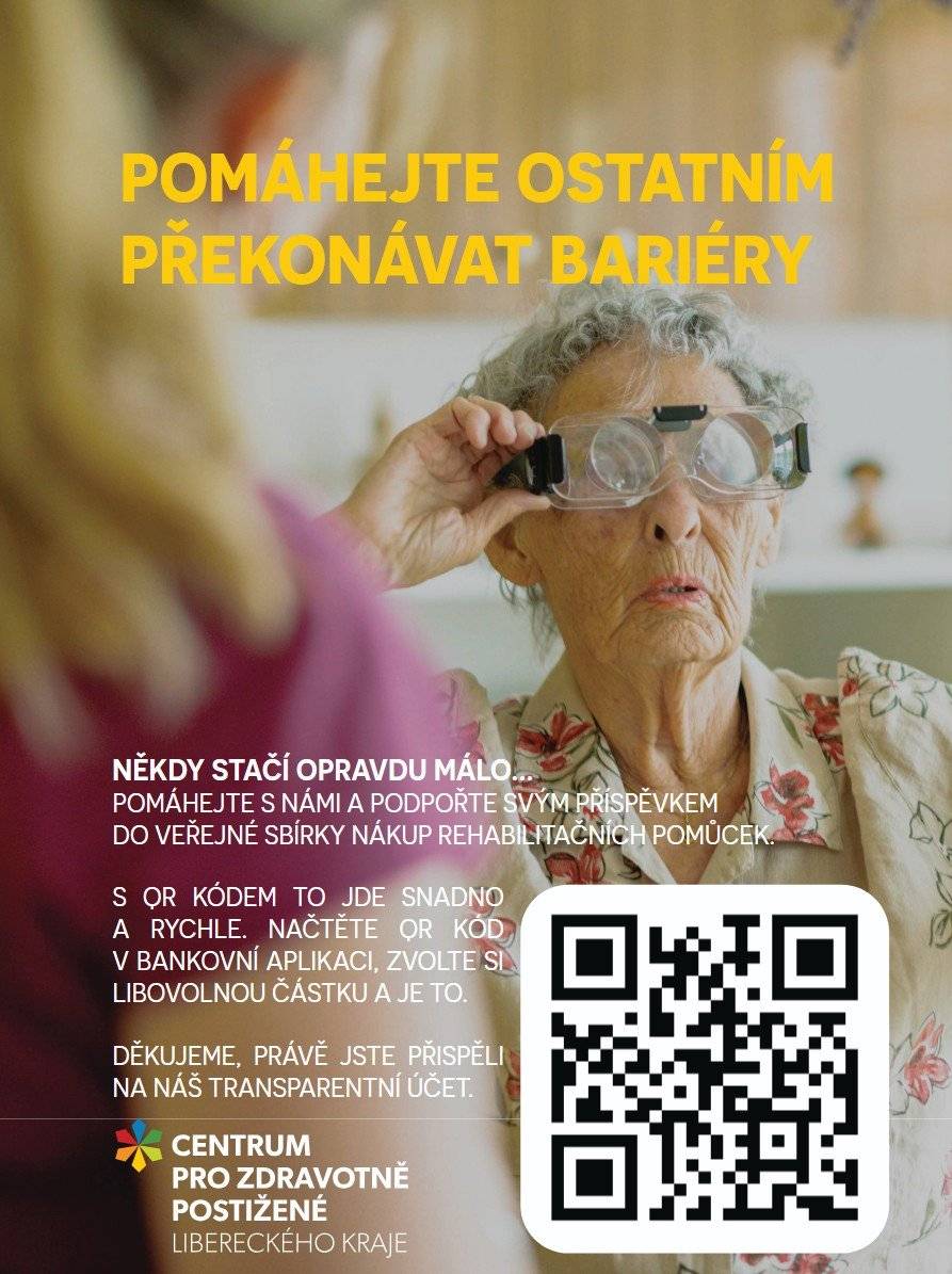 Někdy opravdu stačí málo… a může to někomu změnit život. Centrum pro zdravotně postižené Libereckého kraje vyhlašuje veřejnou sbírku na nákup rehabilitačních, kompenzačních a didaktických pomůcek pro děti i dospělé se zdravotním postižením. 👉 Tyto pomůcky pomáhají lidem zvládat každodenní situace, usnadňují domácí péči a zlepšují podmínky rekonvalescence. Často jde o věci, které dokážou udělat obrovský rozdíl. 🎁 Chcete pomoct? Je to jednoduché – stačí naskenovat QR kód na plakátu nebo přispět na transparentní účet. Každá částka, i ta malá, má smysl. 🙏 Děkujeme všem, kteří se rozhodnou podpořit ty, kteří to opravdu potřebují. Společně dokážeme víc. 💪💙✨