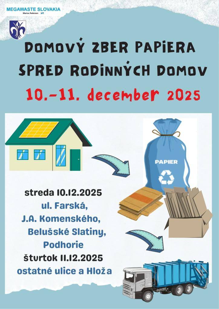 Zber modrých plastových vriec spred rodinné domy bude v stredu 10.12. a vo štvrtok 11.12.2025.