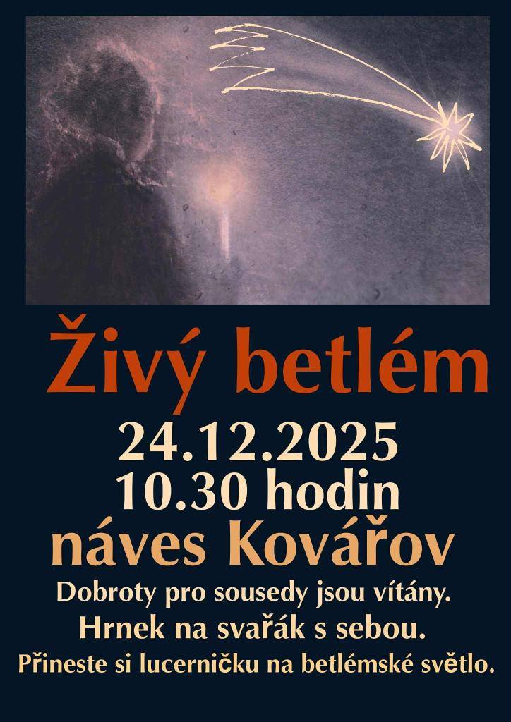 Přijďte se podívat na živý betlém a zúčastnit se průvodu. Dobroty pro sousedy jsou vítány. Hrnek na svařené víno s sebou. Přineste si lucerničku na betlémské světlo.