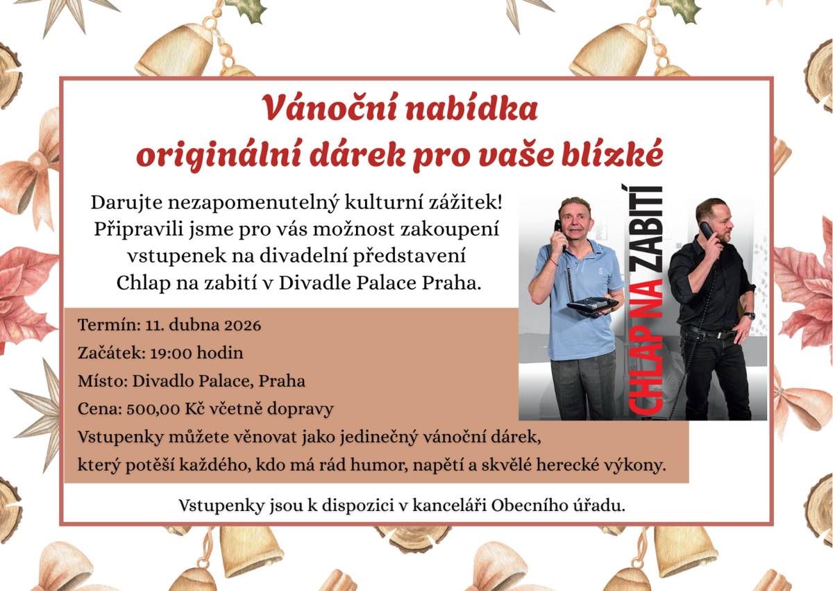 Připravili jsme pro vás jedinečnou možnost zakoupení vstupenek na divadelní představení Chlap na zabití, které se koná 11. dubna 2026 v Divadle Palace v Praze. Vstupenky jsou dostupné za 500 Kč včetně dopravy a mohou být skvělým vánočním dárkem pro každého, kdo ocení kvalitní humor a herecké výkony.
