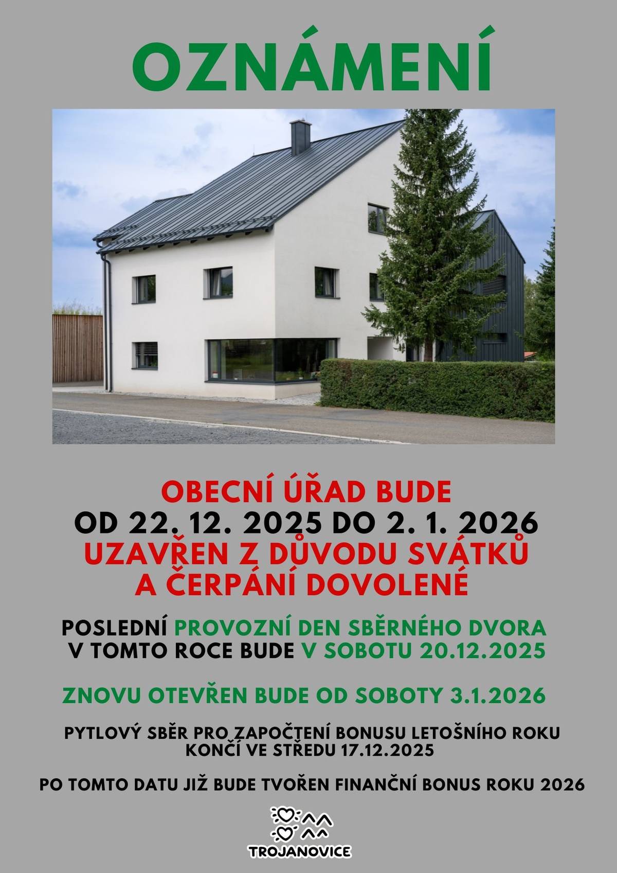 z důvodu svátků a čerpání dovolené.  Poslední provozní den sběrného dvora v tomto roce bude v sobotu 20.12.2025, znovu otevřen bude od soboty 3.1.2026. Pytlový sběr pro započtení bonusu letošního roku končí ve středu 17.12.2025, po tomto datu již bude tvořen finanční bonus roku 2026.