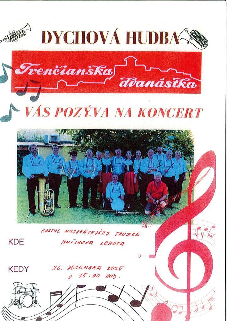 Pozvánka na koncert DH Trenčianska dvanástka 26.12.2025 o 15:00 hod. v Kostole Najsvätejšej Trojice v Mníchovej Lehote.
