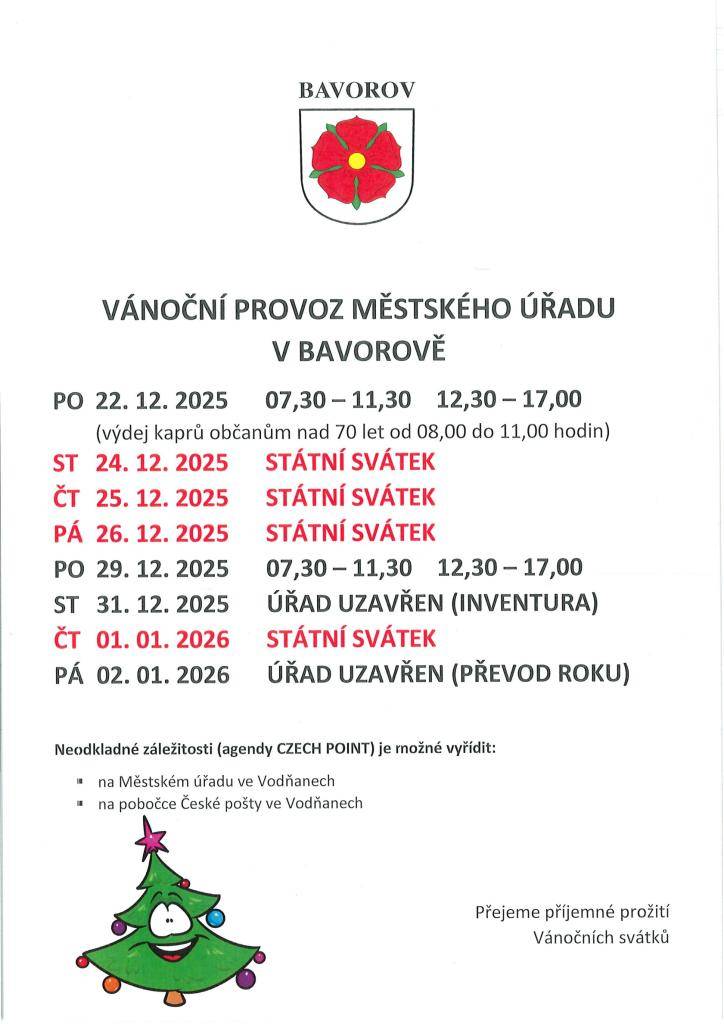Otevírací doba Městského úřadu v Bavorově během vánočních svátků.