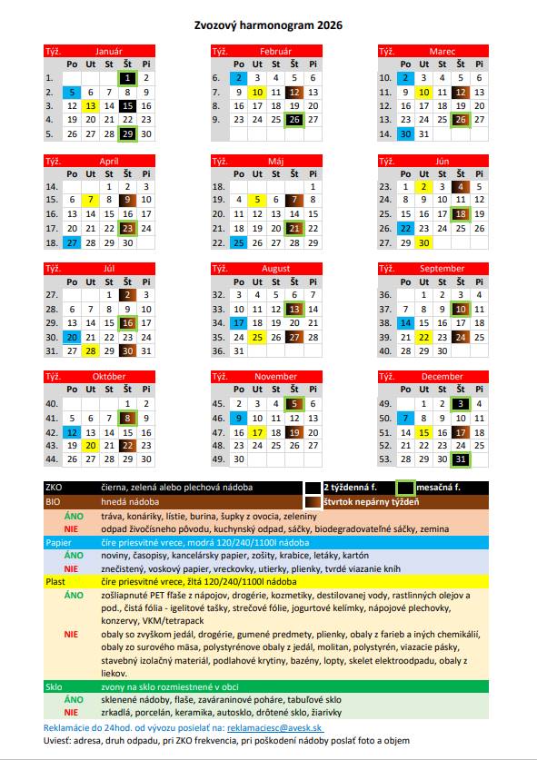 Kalendár zberu odpadov na rok 2026 -