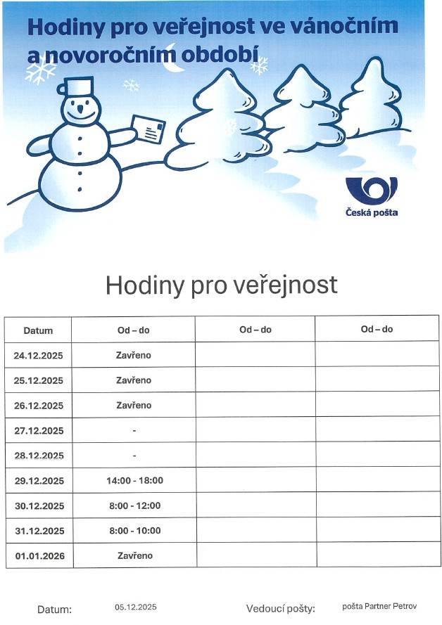 Hodiny pro veřejnost ve vánočním a novoročním období