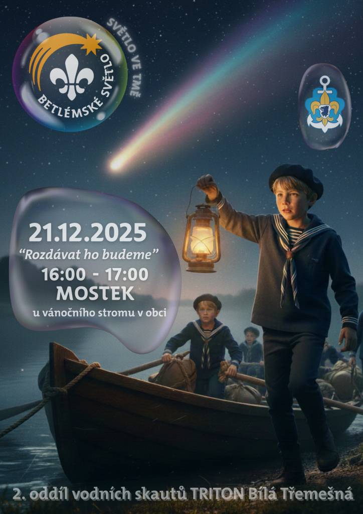V neděli 21.12.2025 od 16 do 17 hodin budou skauti rozdávat Betlémské světlo u stromečku v centru obce.