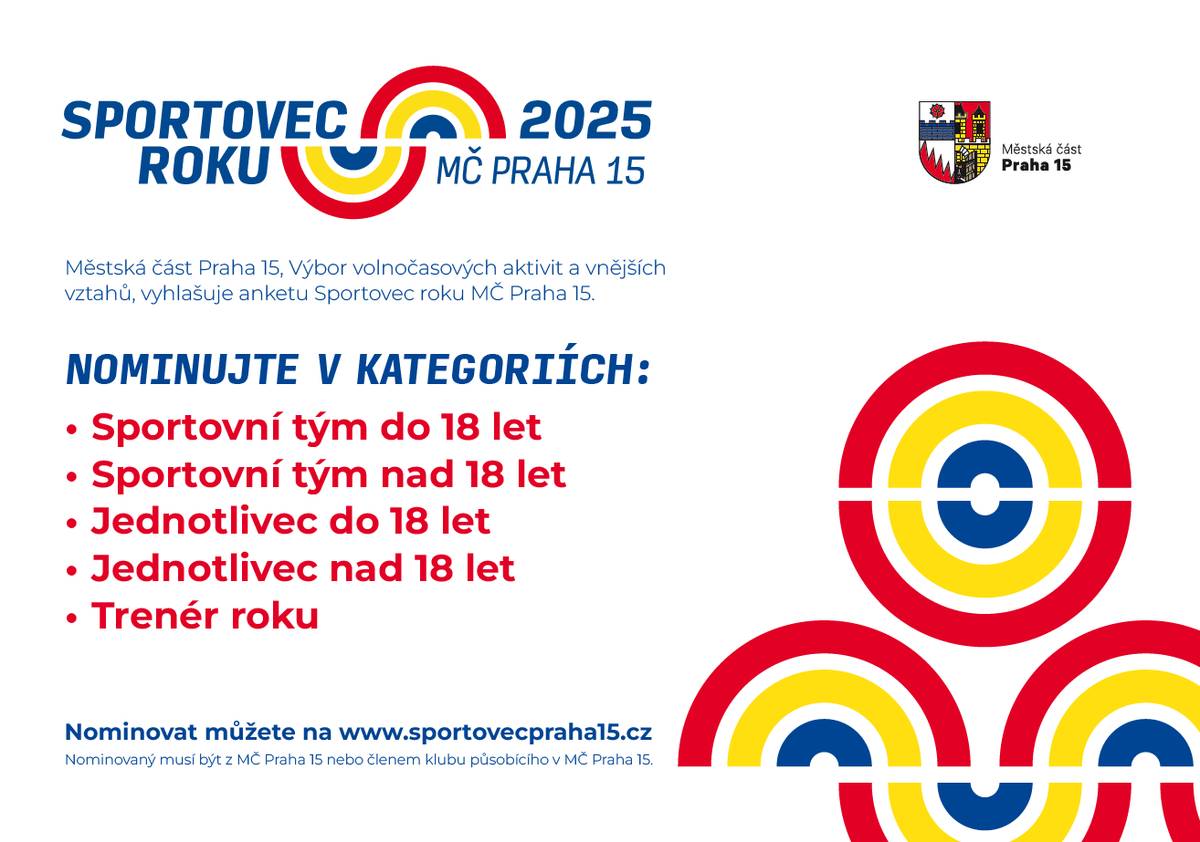 Městská část Praha 15, Výbor volnočasových aktivit a vnějších vztahů, vyhlašuje opět anketu Sportovec roku MČ Praha 15.   Nominujte své oblíbené sportovce na webu https://www.sportovecpraha15.cz/.     Nominace bude ukončena 31. 12. 2025. Nominovaný musí být z MČ Praha 15 nebo být členem klubu   působícího v MČ Praha 15.