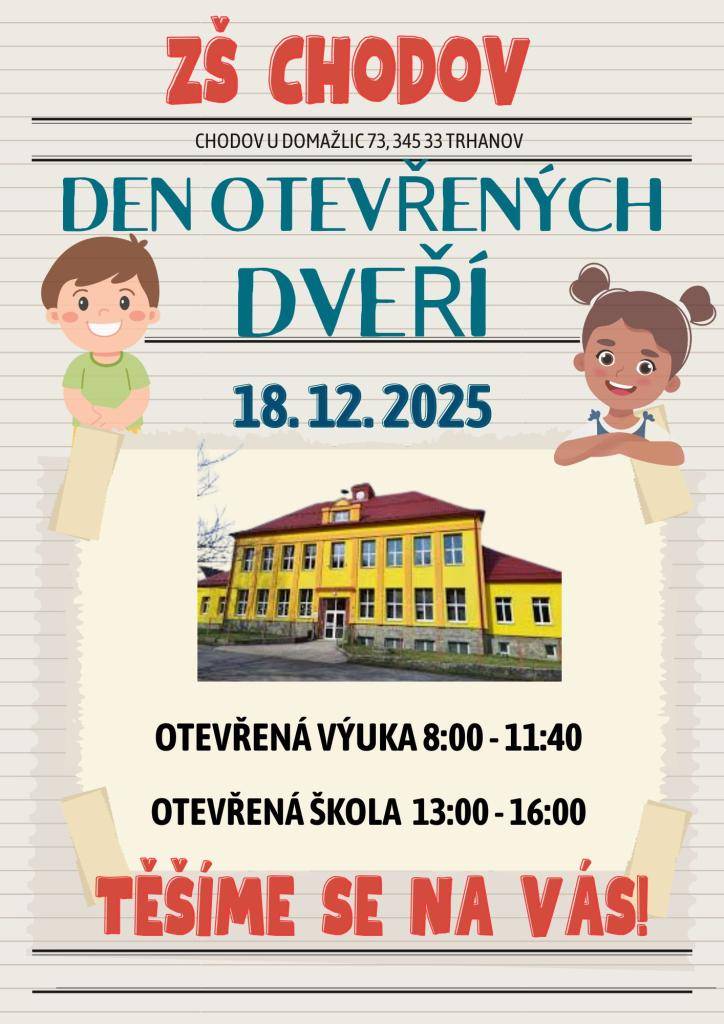 Ve čtvrtek 18. 12. srdečně zveme všechny na Den otevřených dveří v naší základní škole. Přijďte se k nám podívat a zažít předvánoční atmosféru plnou učení i zábavy.