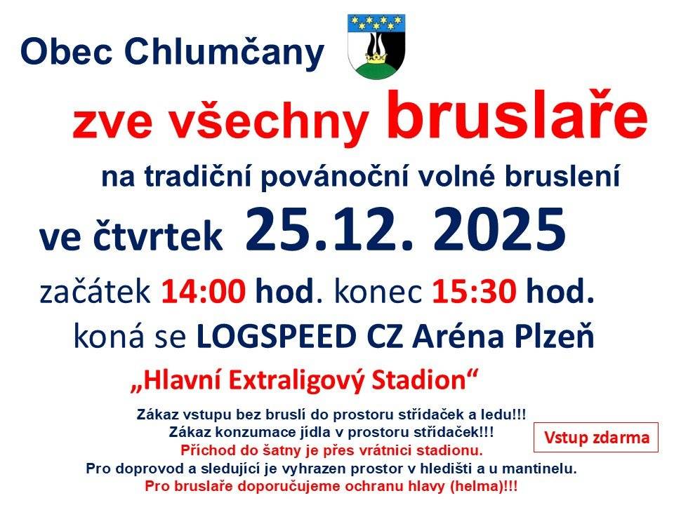 Zveme všechny bruslaře na tradiční vánoční volné bruslení ve čtvrtek 25.12.2025 od 14:00 do 15:30 hodin v LOGSPEED CZ Aréně v Plzni.