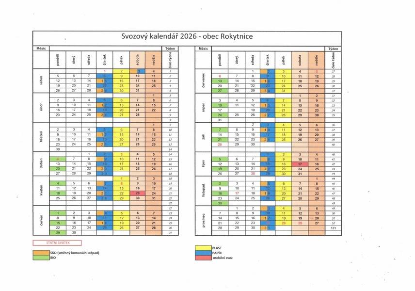 Obecní úřad Rokytnice upozorňuje občany, že ve čtvrtek 18. prosince 2025 se uskuteční poslední svoz komunálního odpadu v letošním roce. Během tohoto svozu a následně v pátek 19. prosince 2025 bude prováděno čipování nádob na tento druh odpadu. Žádáme občany, aby odpadní nádoby ponechali před svým domem ještě i v tento den pro zdárné očipování všech odpadních nádob.    Níže je k dispozici harmonogram svozu odpadů v obci Rokytnice v roce 2026 - Obecní úřad Rokytnice upozorňuje, že z důvodu státního svátku ve čtvrtek 1. ledna 2026 bude první svoz komunálního odpadu v roce 2026 mimořádně v sobotu, a to 3. ledna 2026.