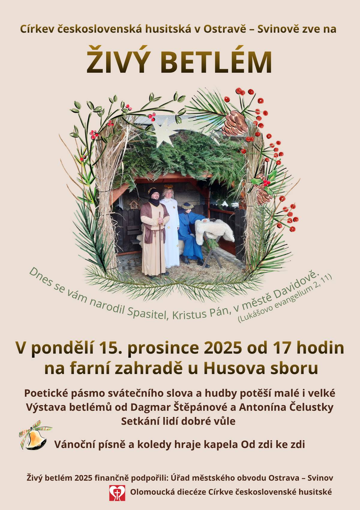 Přijďte se podívat na živý betlém a zazpívat si vánoční koledy.