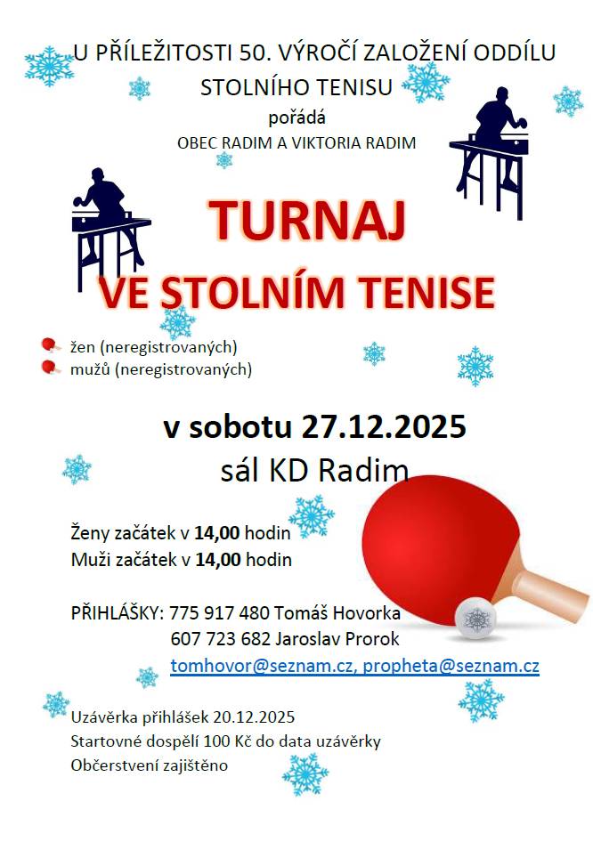 U příležitosti 50. výročí založení oddílu stolního tenisu pořádá Viktoria Radim turnaj v sobotu 27.12. na sále KD. Uzávěrka přihlášek  do 20.12. u p.Hovorky, nebo Proroka.